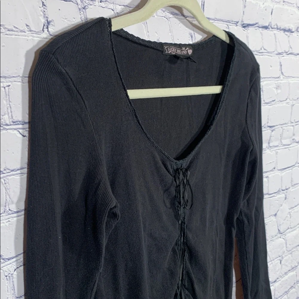 Lucky Brand Womens Y2K Ribbed Long Sleeve Top Black Cinch Tie Front Sz L Fitted - Picture 2 of 6